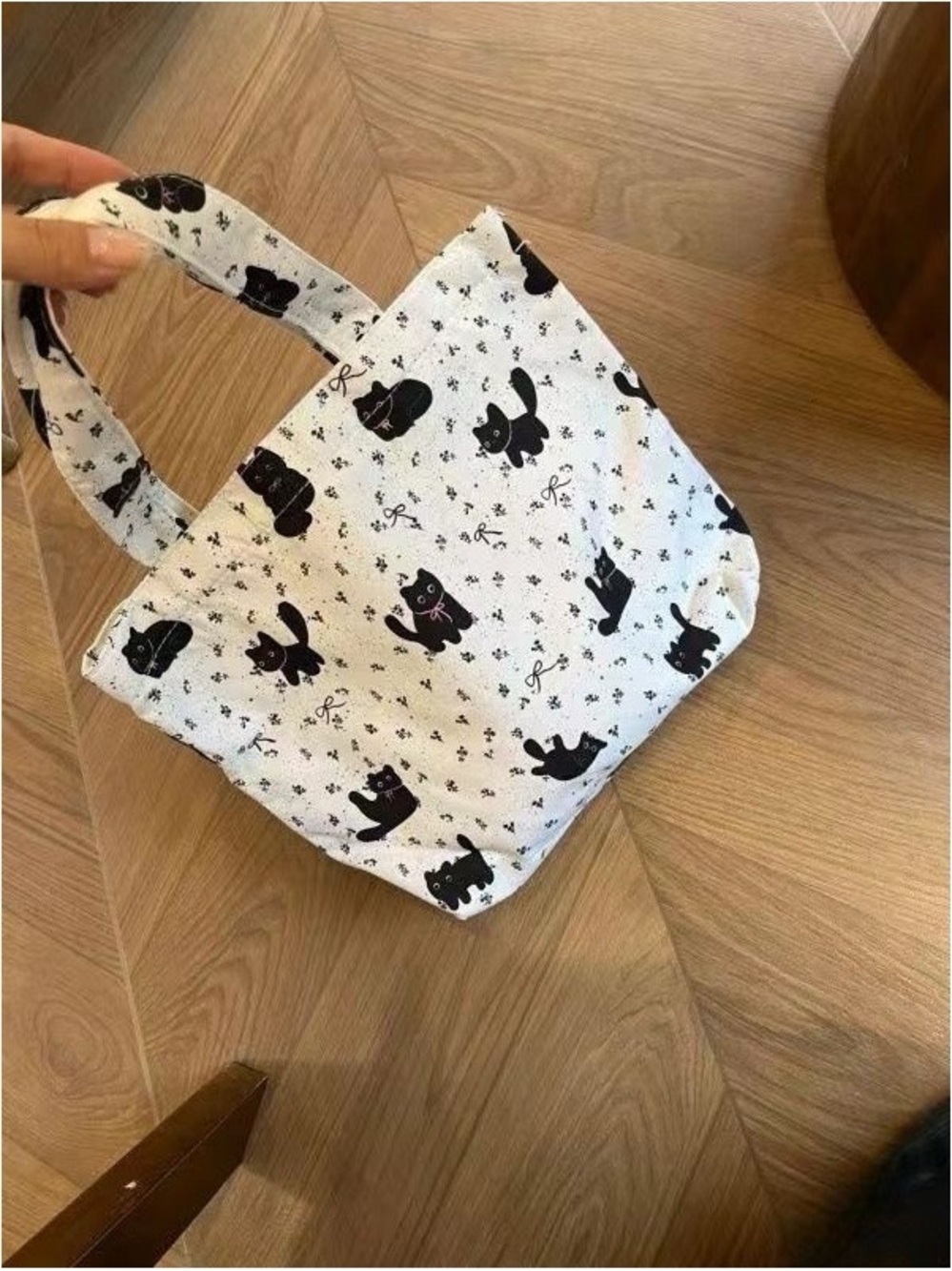 Canvas Tote Bag with Black Cat Print - White
